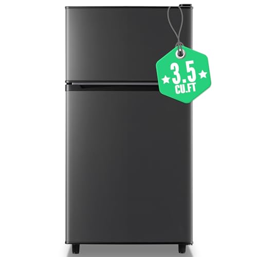 WANAI Mini Fridge with Freezer, 3.5 cubic feet 2- Doors Small Refrigerator Features 7 Gear Mechanical Control, Side Bottle Rack, LED Light, 2 Glass Removable Shelves, Crisper Drawer, Dark Grey