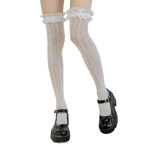 Lolita Lace Knee High Socks for Women Heart Patterned Stockings With Bowknot for Cosplay