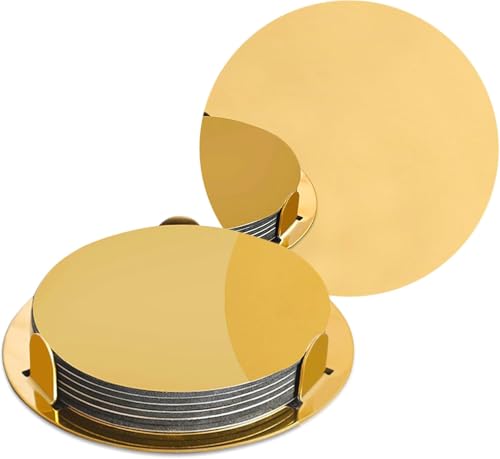 6Pcs Gold Coasters Set with Holder - Modern Mirror Drink Coasters Brass-Inspired Stainless Steel Coaster with Non-Slip EVA Base Elegant Round Coasters for Coffee Bar Dining Table & Home Decor