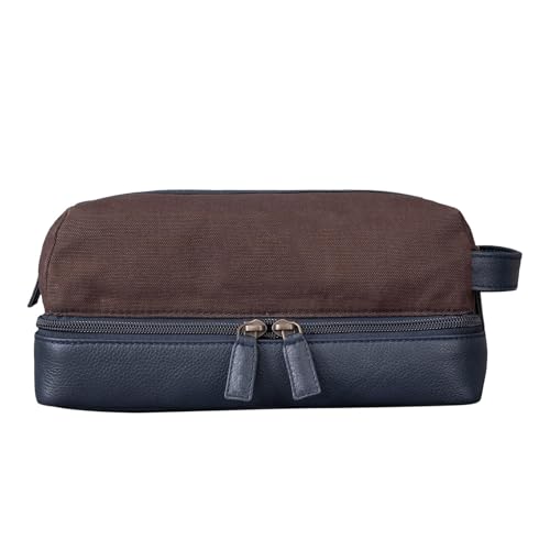Image of Handcuffs Genuine Leather Canvas Toiletry Bag for Men, Shaving Kit Bag, Portable Travel Organizer, Pouch for Travelling - Navy Brown