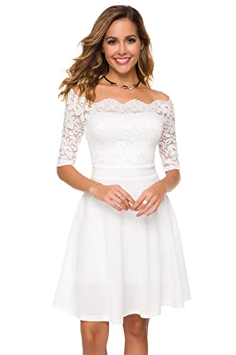 Atnlewhi Womens Vintage Lace Off Shoulder Puffy Swing Dresses Sexy Mini Dress for Party Cocktail,Swing-White,S