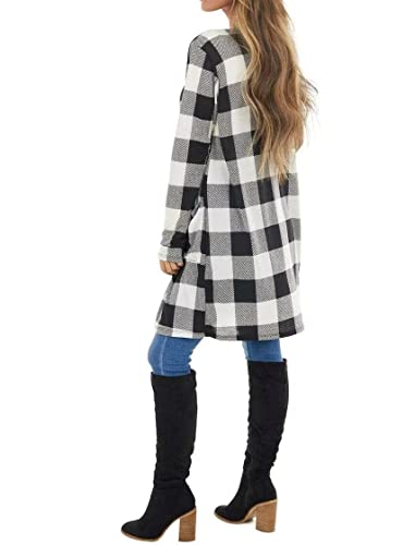 Lacozy Women's Open Front Long Knit Cardigans Lightweight Tops Color Block Sweaters Fall Kimono Blouse Plaid Print Tops Black White Large #TOP4