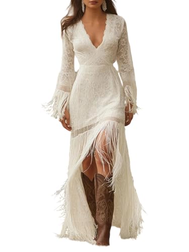 Women's Bohemian Lace Wedding Dress Plunge V-Neck Long Sleeve Fringe