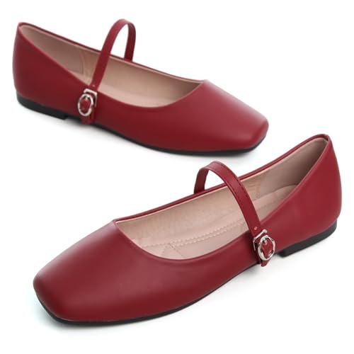 Image of TN TANGNEST Leather Flats for Women Comfortable Square Toe Slip On Flats Soft Work Flats Retro Mary Jane Flats