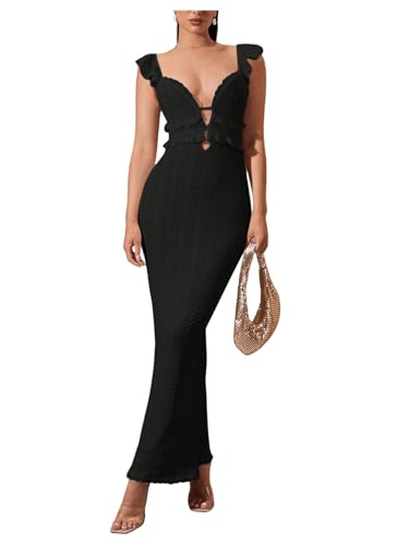 Image of WDIRARA Women's Textured Cut Out Backless Bodycon Maxi Dress Ruffle Sleeveless Fishtail Cami Dresses