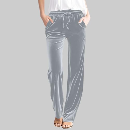 Women's Velvet Pants Drawstring Waist Wide Leg Casual Lounge Pant Soft Straight-Leg High Waist Velour Sweatpants with Pockets2