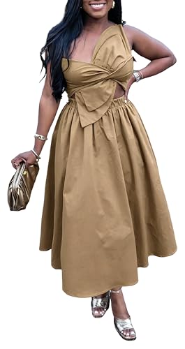 Image of YUEWOO Midi Dresses for Women Casual Summer Sundresses Vacation Outfits Spaghetti Strap Smocked Women Maxi Dress with Pockets