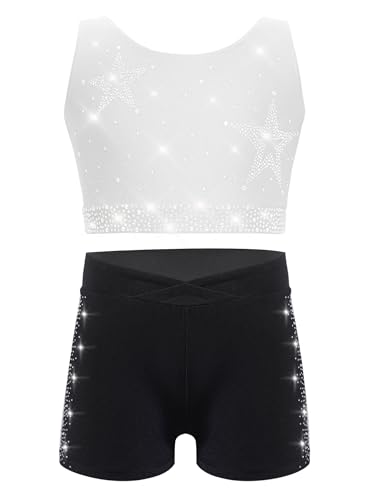 Kids Girls Gymnastics Dance Outfit Rhinestone Crop Vest Top Shorts Set Athletic Tracksuits for Yoga White Black 6 Years
