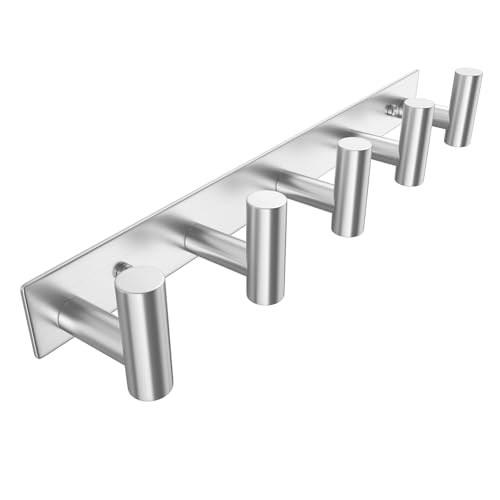 WUIVIUT Heavy Duty Hook Clothes Rack Stainless Steel T-Shape Coat Hook, 14.76 Inch Towel Hanger Hooks, 37.5 cm Coat Rack Wall Mounted (Silver,5 Hooks)