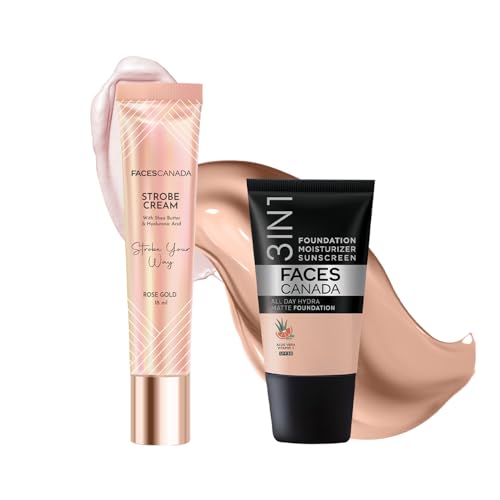 Image of FACESCANADA Airbrushed Shine Full Combo - All Day Full Hydra Matte Foundation - Rose Ivory 011 (18ml) + Strobe Cream - Rose Gold (18ml) | Illuminating & Glowing Makeup Base | 10HR Long Wear