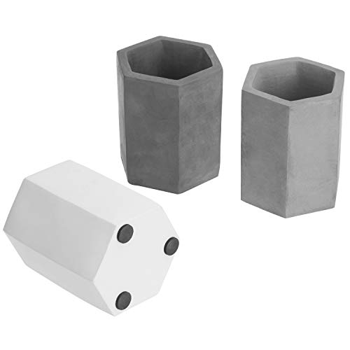 Image of MyGift Set of 3 Cement Decorative Hexagon Multi-Colored Desktop Pen Holder and Pencil Office Supply Stationary Storage Cups (White, Gray, Black)