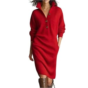 MJGkhiy Robe Femme Tricot Élégant Hiver Midi Robe Pull Laine Travaillé Bouton Col en V Robes Pulls avec Poches Curvy Casual Manches Longues Vêtements Pull, rouge, L