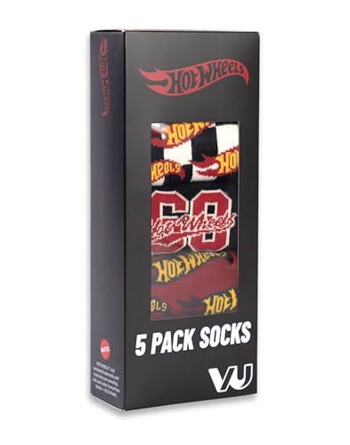 Hot Wheels Mens Red, Black, Yellow & White Calf Socks Set of 5 | Checkerboard & Flames Designs | Daily Wear Multipack4