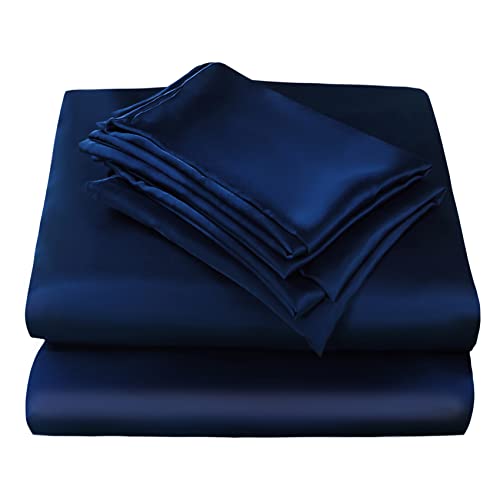 JSD Navy Blue Satin Sheet Set Queen Size, 4 Piece Soft Silky Bed Sheets Deep Pocket, Good for Skin and Hair