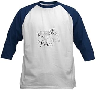 CafePress Though She Bee Little She Bee Fierce Baseball JERS Kids Cotton Baseball Jersey, 3/4 Raglan Sleeve Shirt Navy/White