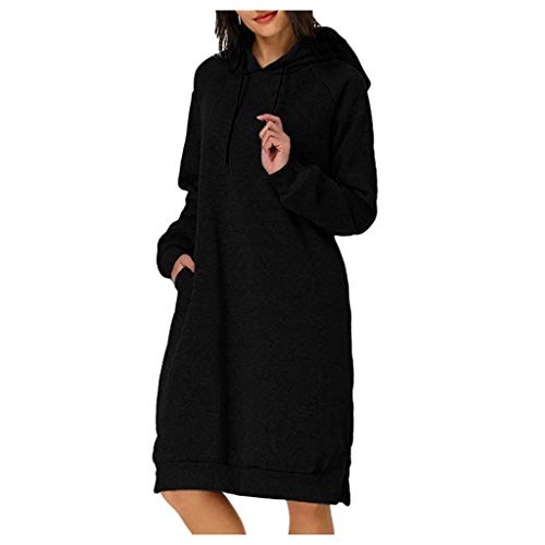 Yourgod Ladies Solid Color Hooded Sweater Hem Slit Dress Long-Sleeved Hooded Pocket Sweatshirt Women Casual Solid Hem Split Dress Black