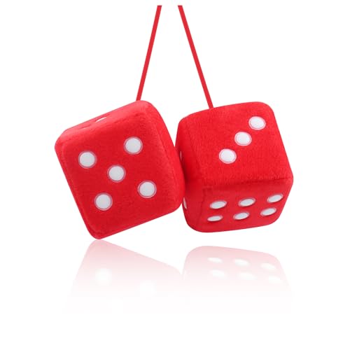 IHOTDER - Stylish Fuzzy Dice for Car Hanging Ornament,Funny Plush Dice Rear View Mirror Accessories,Car Accessories Interior Cute Mirror Hanging Accessories (Red)