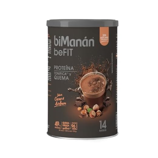 BIMANÁN BEFIT - BATIDO HIPERPROTEICO EN POLVO - SABOR CACAO Y AVELLANA - Quemagrasa con Guaraná - 49% de Proteínas - Vitaminas A, D, E, C, B6 y Ácido Fólico - 11 Batidos (330g)