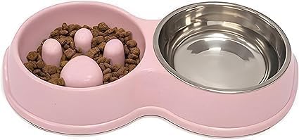 Fur & Bone Double Slow Feeder Dog Bowl | Raised Dog Bowl with Non-Slip Bottom | Stainless Steel Bowl | Detachable Raised Cat Bowl (Pink)