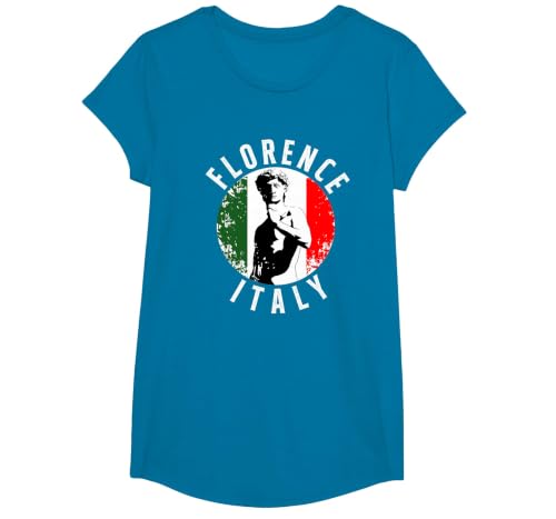 Vintage David Sculpture in Florence Tuscany with Italy Flag T-Shirt, Girls, Sapphire Blue, X-Small