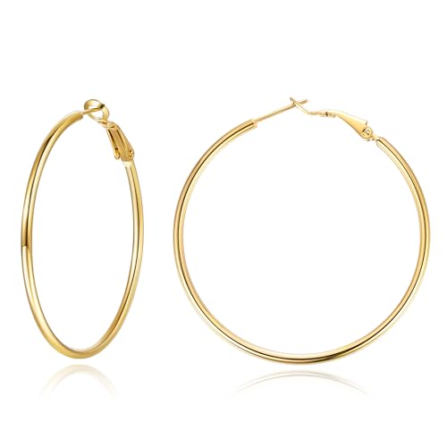 Jewlpire 14K Gold Plated 925 Sterling Sliver Post Hoop Earrings, 2MM Thick Hoop earrings Lightweight Large Gold Hoop Earrings for Women Trendy 20/30/40/50/60/70mm