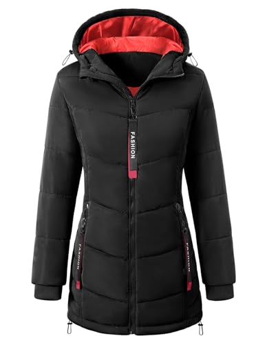CMTOP Wintermantel Damen Warme Steppmantel Dicker Winterjacke Herbst Winter Steppjacke Parka Lang Reißverschluss Damen-mäntel Casual Winterparka mit Kapuze, Taschen(Schwarz,...