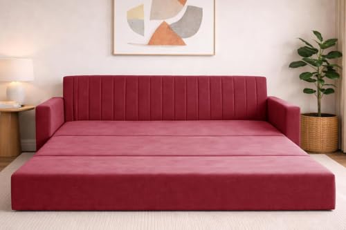 Image of Sofa-Cum-Bed | 3-Seater Foladable Sofa Couch with Armrest | Modern Fabric Sofa for Living Room, Bedroom & Office-Red-Color