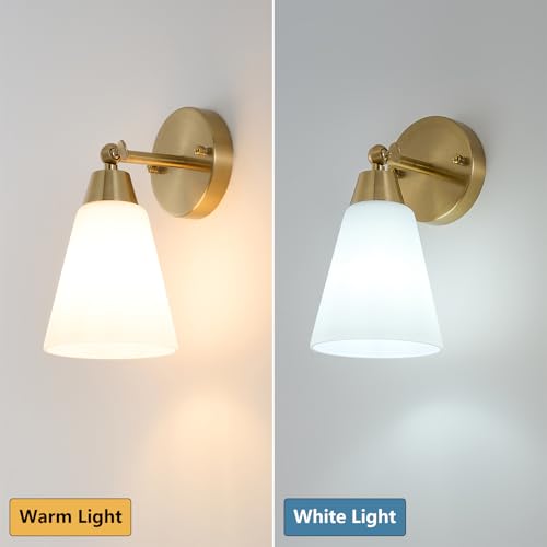 Image of MWZ Gold Wall Sconce Decor 2 Pack,Modern Brushed Brass Sconces Lighting with White Glass Shade,Bathroom Light Fixtures Over Mirror,Vanity Lights Over Sink,Indoor Wall Mount Adjustable Angle Lamp