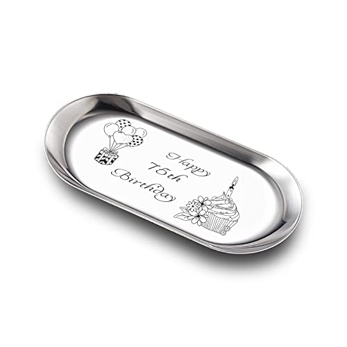 Vwalk Happy 75Th Birthday Decorations Stainless Steel Jewelry Tray Gifts Laser Engraved Round Shape Dish Personalized 75Th Birthday Gifts For Grandma Mom Aunt Friends #TOP7