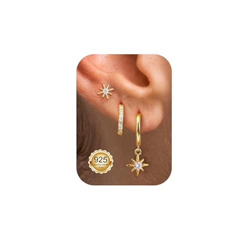 Morfetto 3 Paar Ohrringe Gold Wasserfest Creolen Set - Ohrstecker Silber 925 Damen Klein Piercing Ohr Helix Gold Ohrringe für Mehrere Ohrlöcher Tragus Piercings F