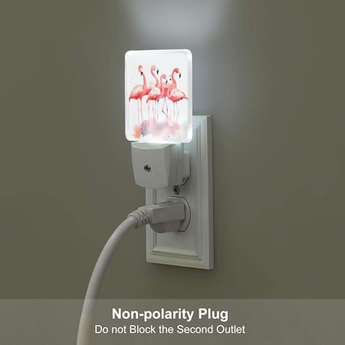 Image of Pink Flamingos Watercolor LED Plug-in Night Light 2-Pack, Auto Sensor Nightlights Set of 2 for Bedroom Bathroom