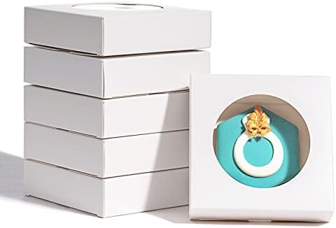 RomanticBaking 100 Pack individul Pyo Valentine Cookies Boxes With Window 4 3/8" x 4 3/8" x 1 1/5" Small Gift Boxes Mini Dount Boxes Pie Boxes