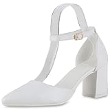VAN HILL Damen Spitze Pumps Blockabsatz Schuhe Klassische Basic Partyschuhe Elegante Leder-Optik Abendschuhe 207965 Weiss 40