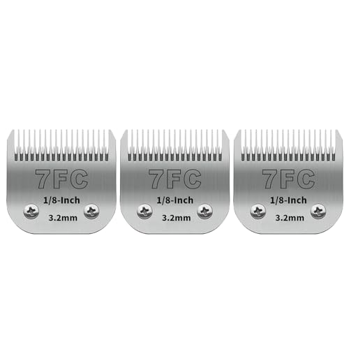 3-Pack 7FC Detachable Dog Grooming Clipper Blades Silver Stainless Steel Compatible with Andis Oster A5 Wahl KM10 Moser Heiniger 1/8 (3.2mm) Cut Length