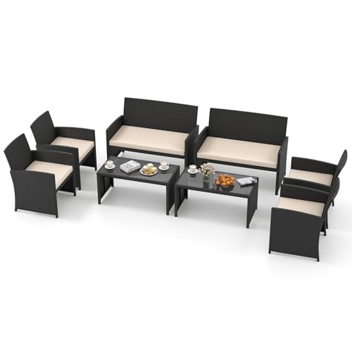 Image of Tangkula 8 Pieces Patio Wicker Furniture Set, Outdoor Heavy Duty Rattan Cushioned Chairs, Loveseat and Tempered Glass Coffee Table, for Backyard, Balcony, Poolside (2, Off White)