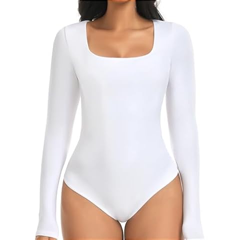 JOJOANS Womens Long Sleeve Bodysuit Sexy Square Neck Double Lined Basic Tops (White, XX-Large) Cover