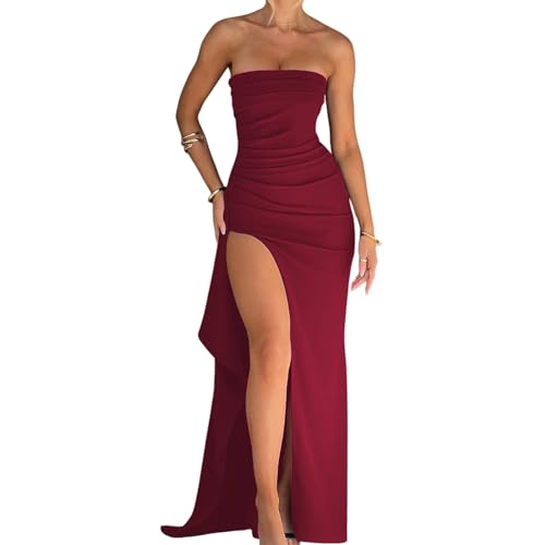 Image of Women's Sexy Strapless Backless High Split Long Maxi Dress Ruched Off Shoulder Sleeveless Bodycon Party Cocktail Dresses