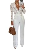 CHICME Womens Floral Lace Jumpsuit Deep V-Neck Casual Fall Long Sleeve Ovearalls with Belt Pant Side Pockets White-M