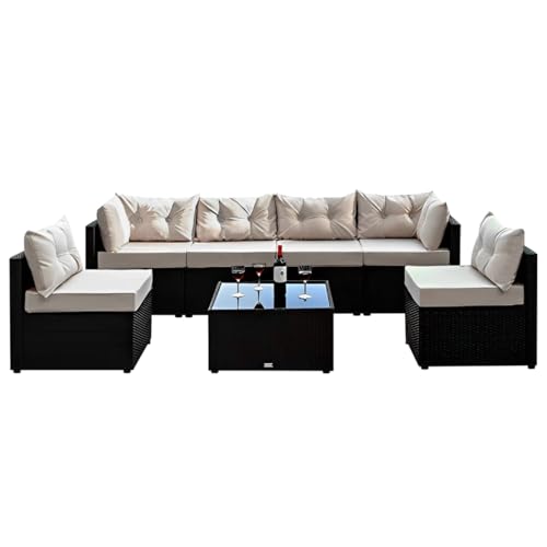 CONCEPT USINE - CONCEPT USINE | Salon de Jardin 5 Places Modulable | Design NACULA Noir en Résine Tressée | Table Basse en Verre Trempé | Coussins Beige Confortables | Style Moderne | Résistant, Idéal pour Extérieur - -17%