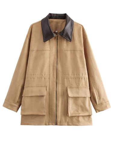 Women's Barn Jacket Faux Suede Leather Jackets Oversized Casual Adjustable Waist Coat with Pockets