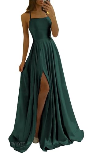 Image of Tvuyet Satin Prom Dresses Long with Pockets Spaghetti Straps A Line Bridesmaid Dresses with Side Slit Ball Gown