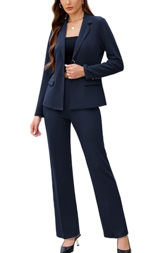 Women's 2 Piece Suits Business Casual Outfits Long Sleeve Solid Pantsuits Professional Office Work Sets Navy Blue