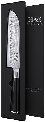 Hilt & Steel 7-Inch Santoku Knife | Premium Damascus AUS-10 Japanese Steel | Honbazuke sharpening Method | Full Tang Construction | G10 Composite Handle | Hand Wash and Dry Hilt & Steel 7-Inch Santoku Knife | Premium Damascus AUS-10 Japanese Steel | Honbazuke sharpening Method | Full Tang Construction | G10 Composite Handle | Hand Wash and Dry
