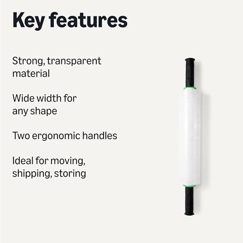 Amazon Basics Strong Transparent Stretch Wrap Film Roll for Moving, Shipping and Storing, Furniture Wrapping, 15" x 1000 ft, Two Ergonomic Handles, Clear, 1 Roll - Image 2