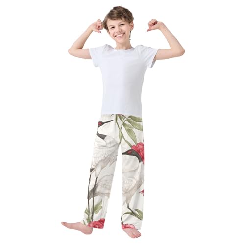 Crane Bird Peonies Boys Long Pants Soft Trousers Elastic Waist Kids Lounge Bottoms with Pockets S-XL2