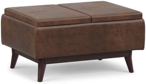 SIMPLIHOME Owen 34" Wide Vegan Leather Tray Top Ottoman in Chestn...