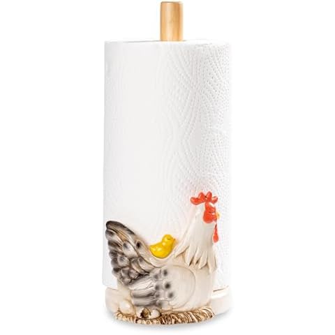 Farmhouse Hen and Chick Countertop Paper Towel Holder Stand with Decoration,Hand-Carved Wood Style for Kitchen Bathroom,2 Pounds Weighted Base for One-Handed Operation Cover
