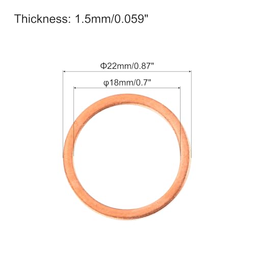 QUARKZMAN 22 Stück Flache Kupferdichtungen, 18x22x1,5mm Kupfer Verbesserte Flache Metrische Dichtungsringdichtungen für Hydraulikarmaturen Schraube Bolzen Mutter Elektronikreparatur
