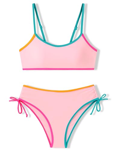 Image of Girls Swimsuits Bikini Set 2 Pieces Color Block Bikini with Adjustable Shoulder Strap Girls Bathing Suit 7-16Y