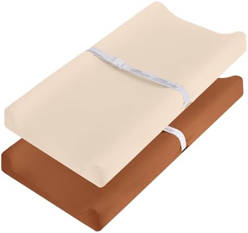 Pro Goleem Muslin Changing Pad Cover for Boys and Girls, Soft Breathable Fitted Cotton Diaper Changing Table Pad Sheets, Neutral, 2 Pack (Brown＆Beige)